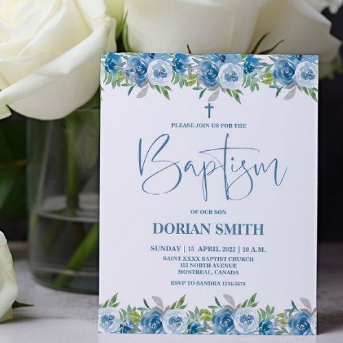 Budget Blue Floral Boy Baptism invitation