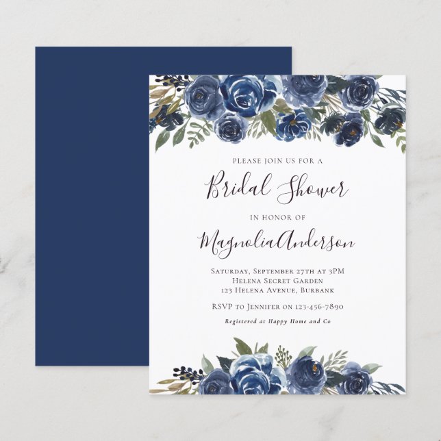 Budget Blue Floral Bridal Shower Invitation (Front/Back)