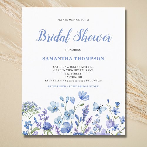 Budget Blue Floral Bridal Shower Invitation