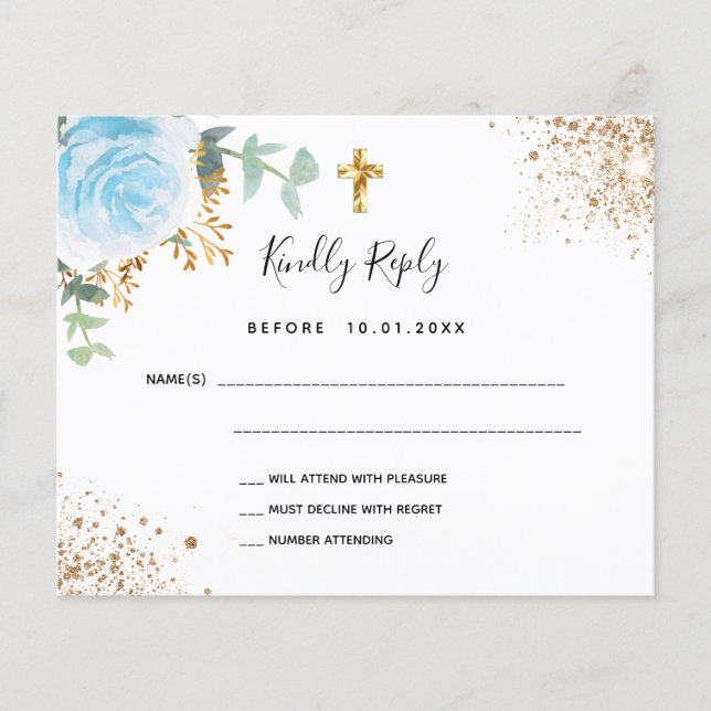 Budget blue floral eucalyptus baptism RSVP (Front)