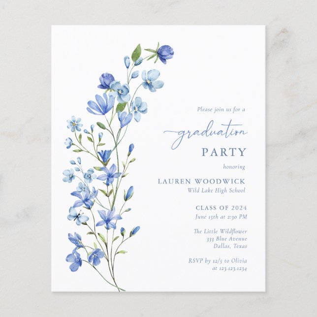 Budget Blue Floral Girl Graduation Party Invites