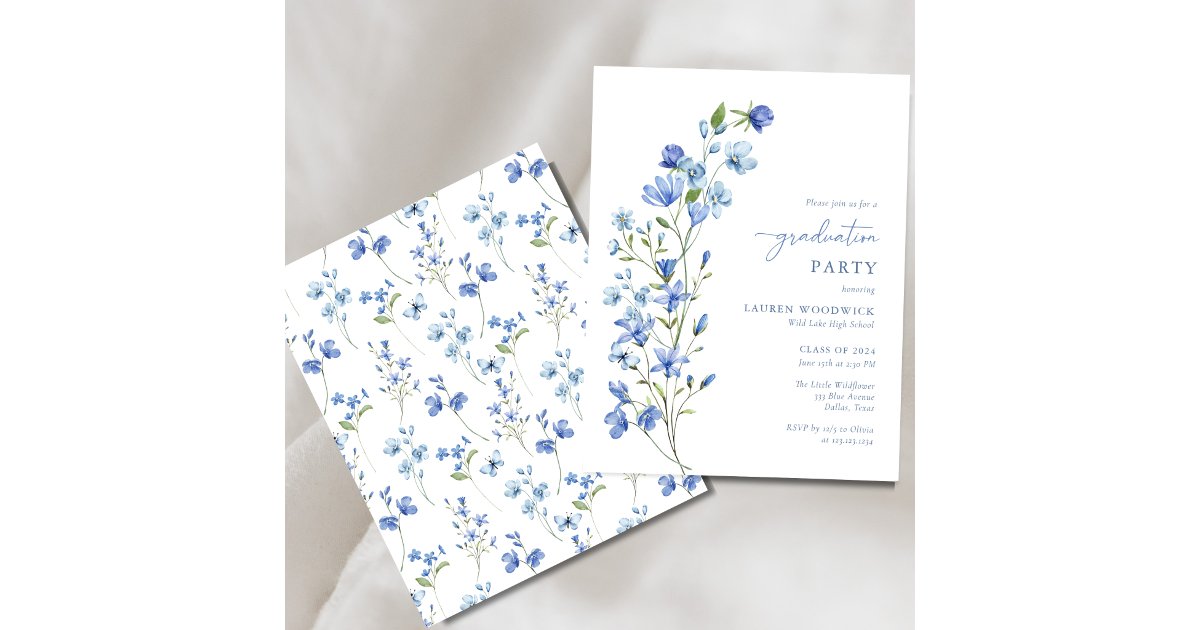 Budget Blue Floral Girl Graduation Party Invites