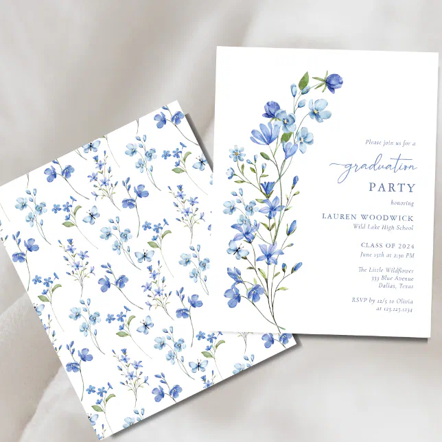 Budget Blue Floral Girl Graduation Party Invites