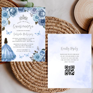 Budget Blue Floral QR Code Quinceañera Invite