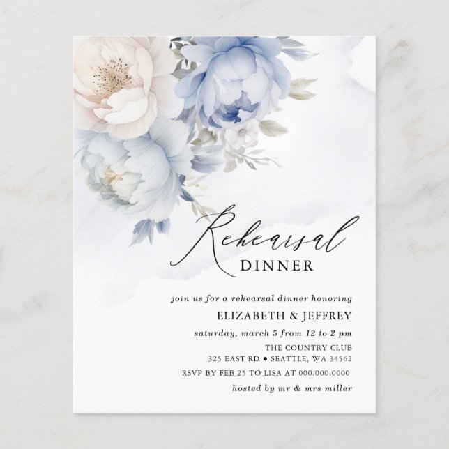 Budget Blue Floral Rehearsal Dinner Invitations (Front)