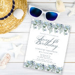 Budget Blue Floral Sweet  16 Birthday Invitation<br><div class="desc">Dusty blue flowers create top and bottom borders on this elegant birthday invitation. Classic script calligraphy adds a beautiful touch. This item is party of the Dusty Blue floral collection.</div>