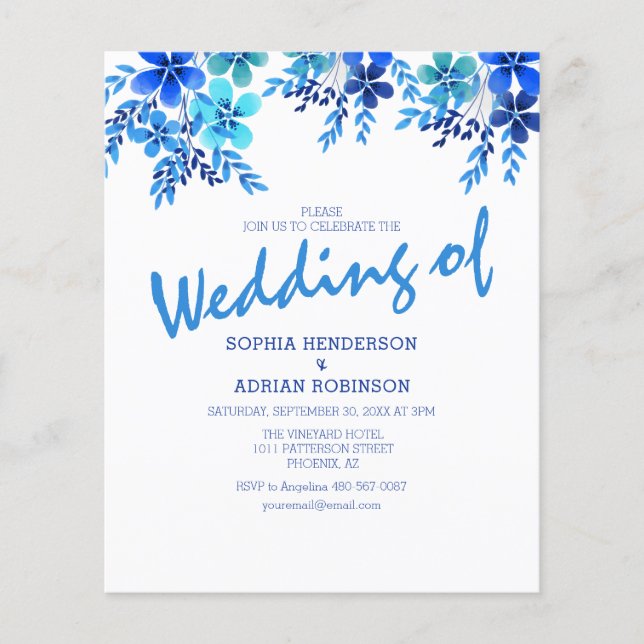 Budget Blue Floral Wedding Invitations (Front)