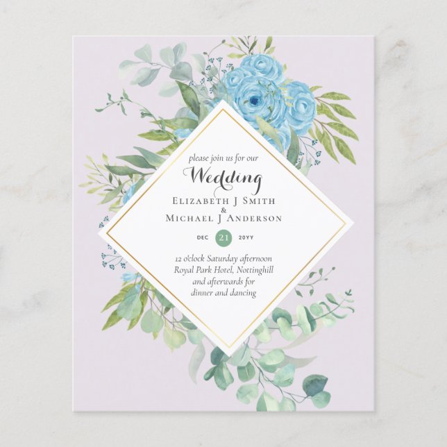 BUDGET Blue Floral Wedding Invitations Eucalyptus Flyer (Front)