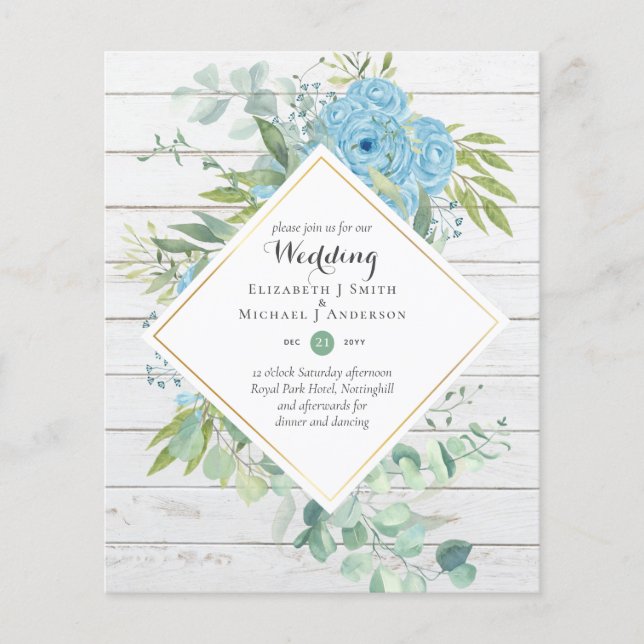 BUDGET Blue Floral Wedding Invitations Eucalyptus Flyer (Front)