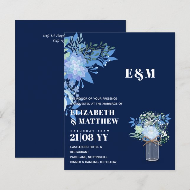 BUDGET Blue Floral Wedding Invite (Front/Back)
