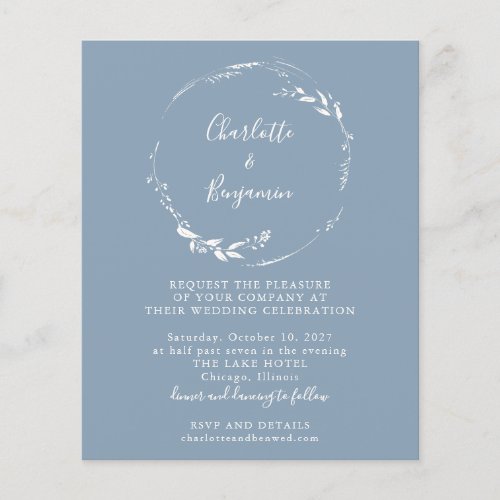 Budget Blue Floral Wreath Script Wedding Invite