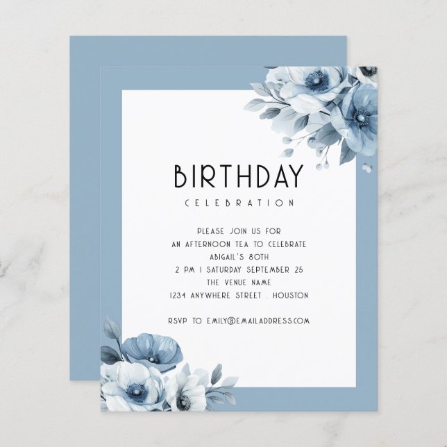 Budget Blue Florals Afternoon Tea 80th Birthday  (Front/Back)