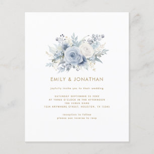 Budget Blue Florals Gold Text QR Wedding invite