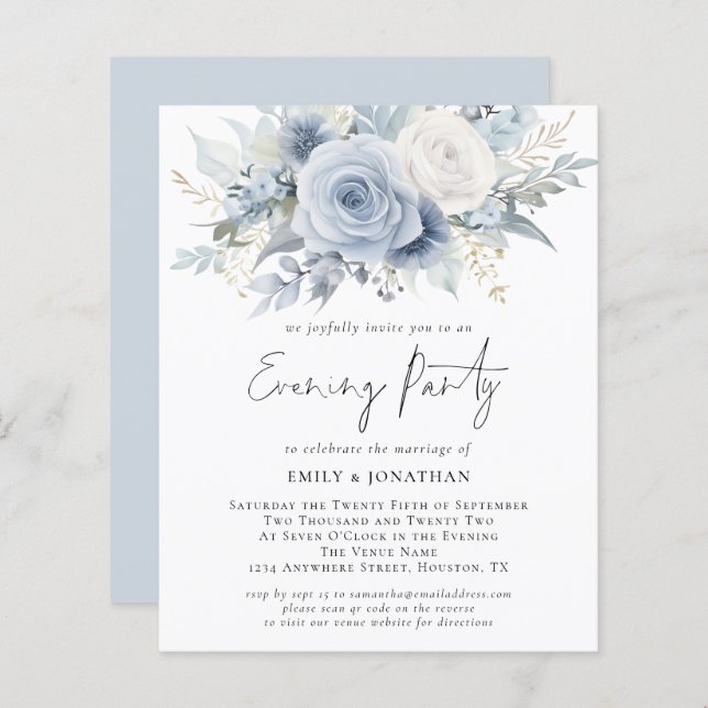 Budget Blue Florals QR Code Wedding Evening Party (Front/Back)