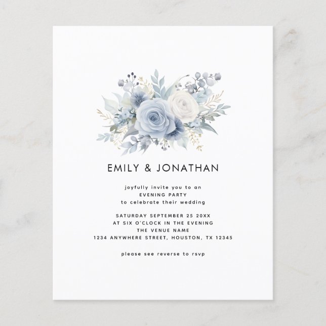 Budget Blue Florals QR Wedding Evening Party (Front)