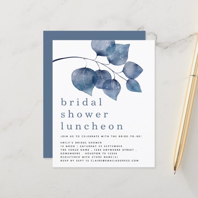 Budget Blue Foliage Bridal Shower Luncheon Invite (Front/Back In Situ)