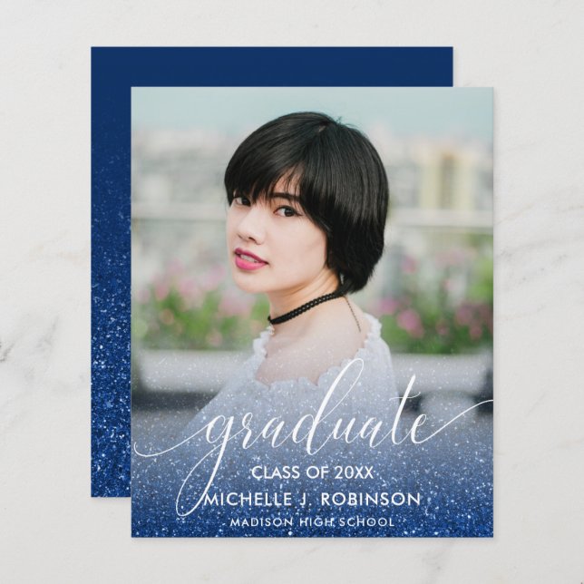 BUDGET BLUE Glitter Ombre Girly Photo Graduation (Front/Back)
