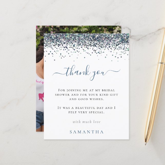 Budget Blue Glitter Photo Bridal Shower Thanks (Front/Back In Situ)