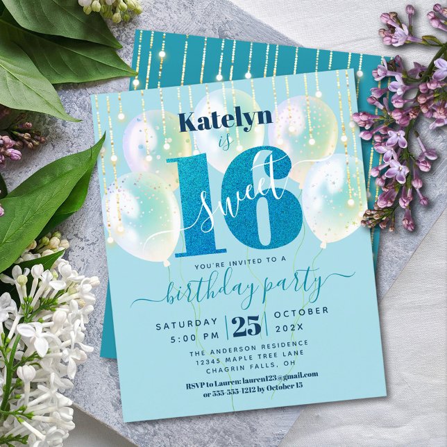 Budget Blue Glitter Sweet 16 Balloons Invitation (Creator Uploaded)