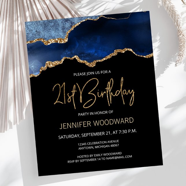 Budget Blue Gold Agate 21st Birthday Invitation (Creator Uploaded)