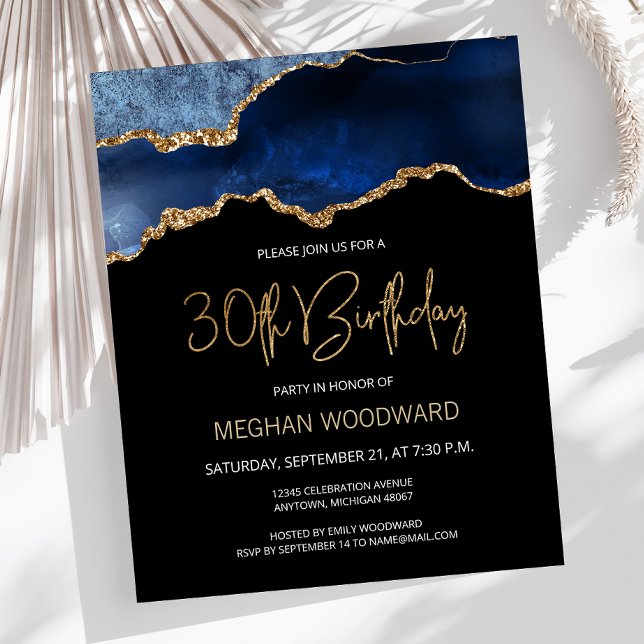 Budget Blue Gold Agate 30th Birthday Invitation (Creator Uploaded)