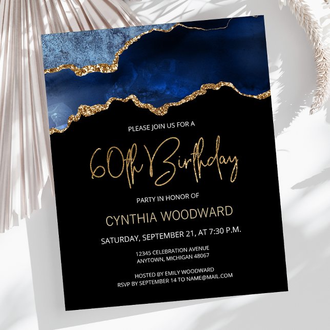 Budget Blue Gold Agate 60th Birthday Invitation (Creator Uploaded)