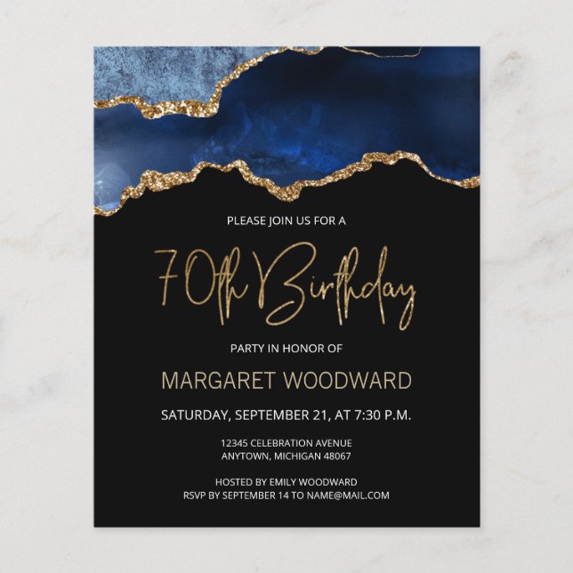 Budget Blue Gold Agate 70th Birthday Invitation (Front)