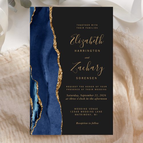 Budget Blue Gold Agate Dark Wedding Invitation