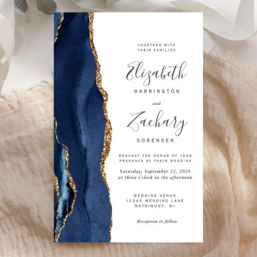 Budget Blue Gold Agate Modern Wedding Invitation