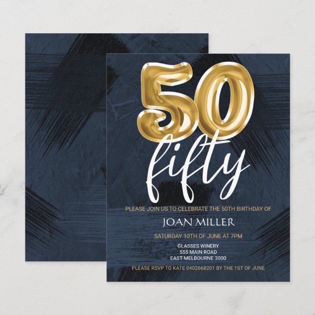 BUDGET Blue, Gold Balloon 50th Birthday Invitation (Front/Back)