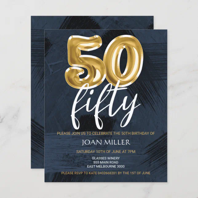 BUDGET Blue, Gold Balloon 50th Birthday Invitation | Zazzle