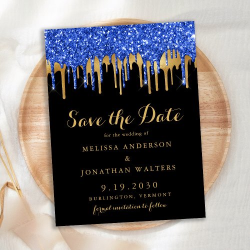 Budget Blue Gold Black Glitter Drips Save The Date