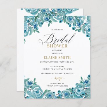 Budget Blue Gold Floral Bridal Shower Invitation