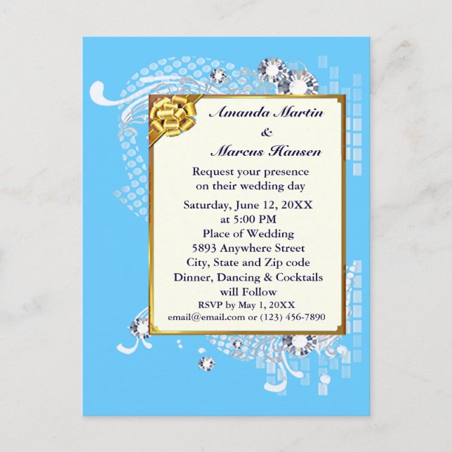 Budget Blue & Gold Frame & Diamonds Image Wedding Postcard (Front)