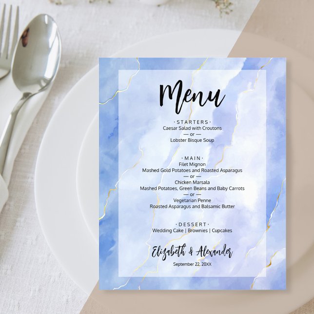 Budget Blue Gold Marble Wedding Menu Flyer (Creator Uploaded)