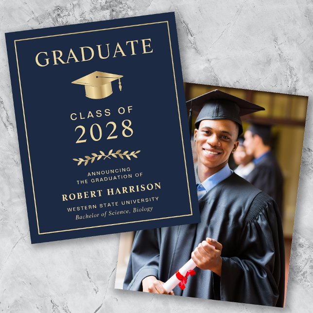 Budget Blue Gold Photo Graduation Announcement (Creator Uploaded)
