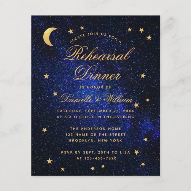 Budget Blue Gold Stars Rehearsal Dinner Invitation (Front)