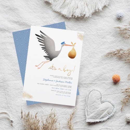 Budget Blue  Gold Stork Baby Boy Baby Shower