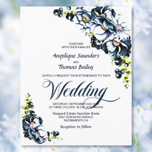 Budget Blue Gray Floral Wedding Invitation
