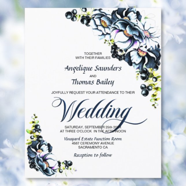 Budget Blue Gray Floral Wedding Invitation (Creator Uploaded)