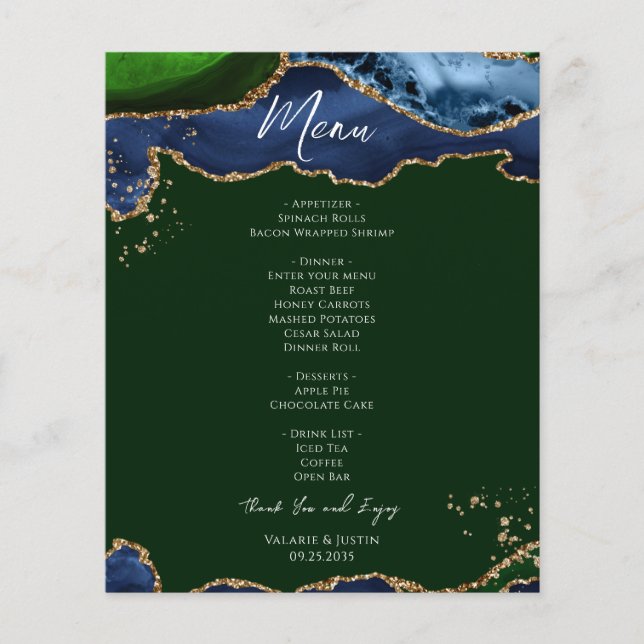 Budget Blue Green Agate Wedding Menu Flyer (Front)
