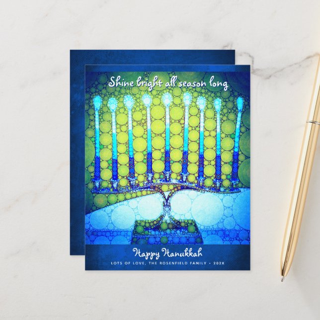 Budget Blue Hanukkah Menorah Shine Bright Card (Front/Back In Situ)