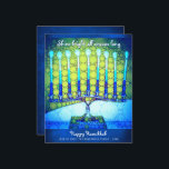 Budget Blue Hanukkah Menorah Shine Bright Card<br><div class="desc">“Shine bright all season long.” White calligraphy script and an artsy, close-up photo illustration of a bright, colorful, blue menorah help you usher in the holiday of Hanukkah. Feel the warmth and joy of the holiday season whenever you send this stunning, colorful Hanukkah budget greeting card. Matching envelopes, stickers, tote...</div>