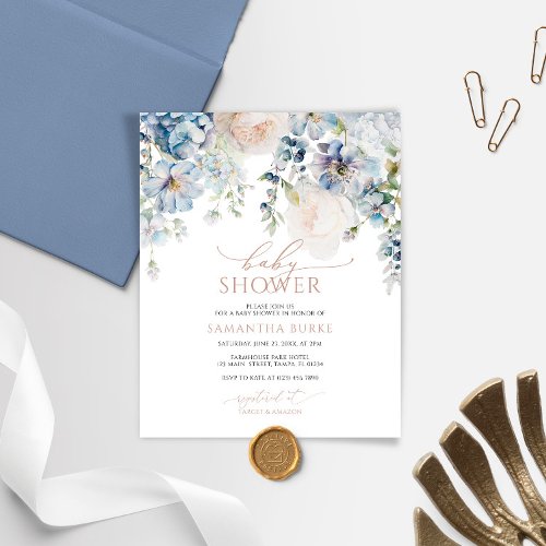 Budget Blue Hydrangea Blush Baby Shower Invitation