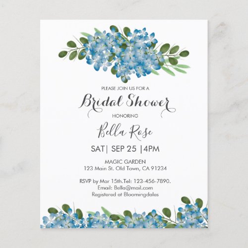 Budget Blue Hydrangea  Bridal Shower Invitation