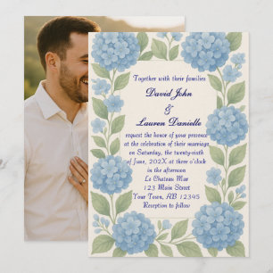 Budget Blue Hydrangea Photo Wedding Invitation