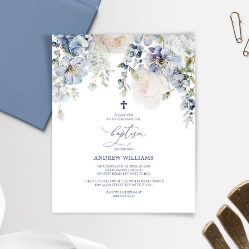 BUDGET Blue Hydrangea  Roses Baptism Invitation