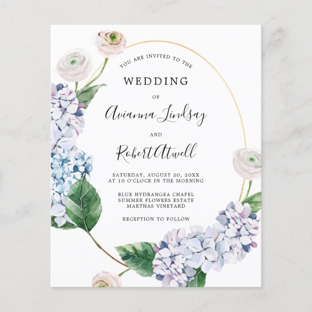 Budget Blue Hydrangea Wedding Invitation Flyer (Front)