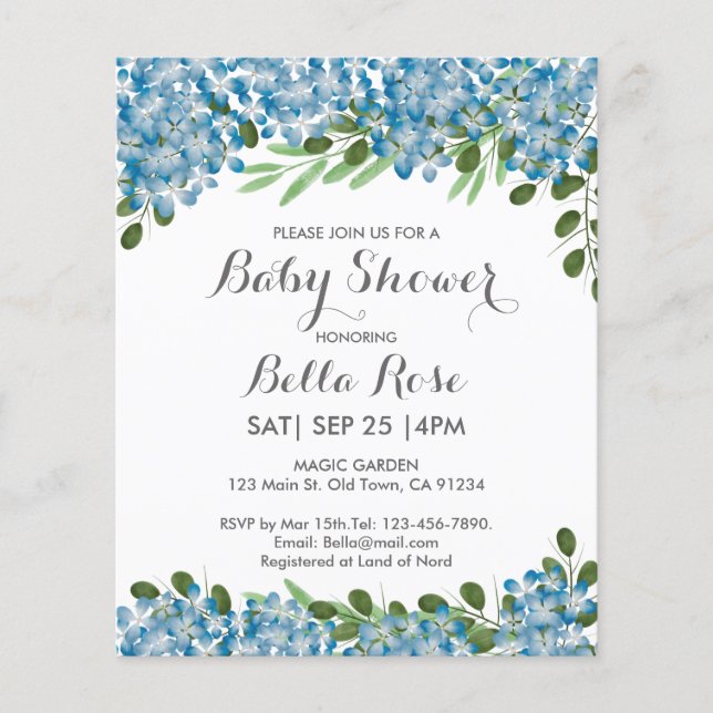 Budget Blue Hydrangeas Baby Shower Invitation (Front)