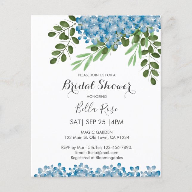 Budget Blue Hydrangeas Bridal Shower Invitation (Front)